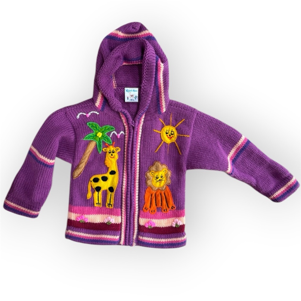 Mundo Alpaca kids knit zip up hoodie cardigan sweater with giraffe and lion